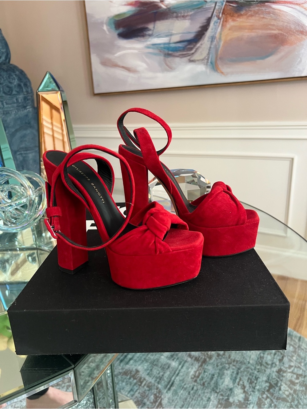 Giuseppe Zanotti Red Suede Knotted Platform Block-Heel Sandals